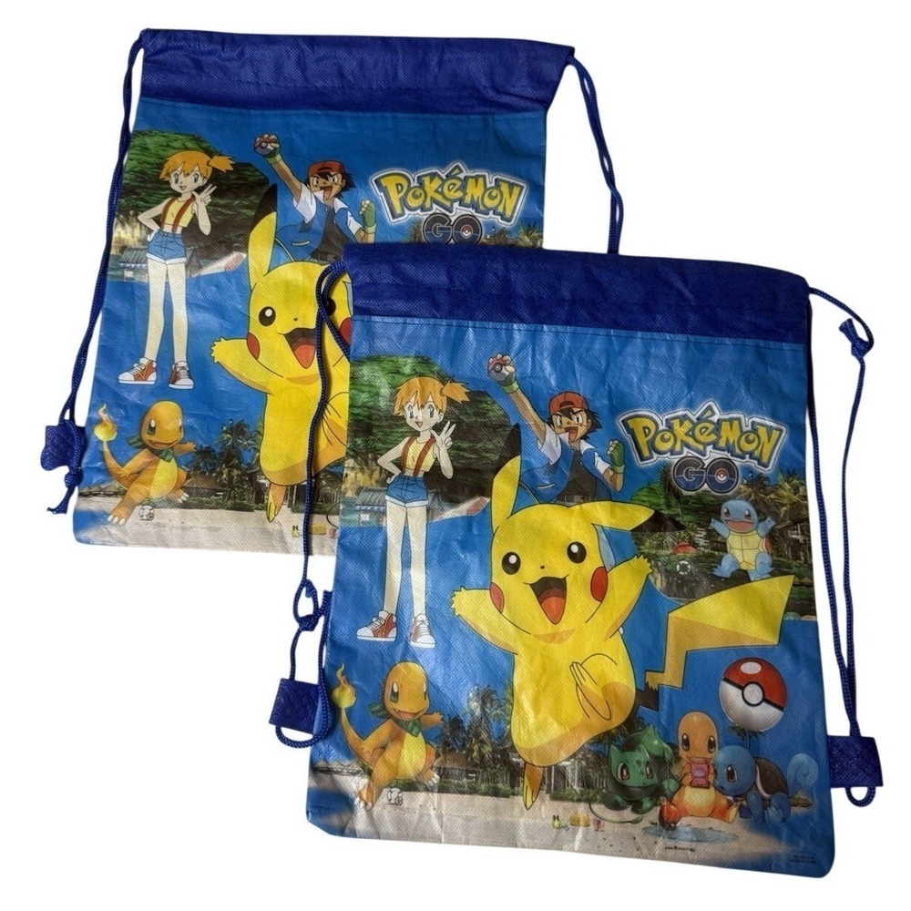 Pokemon GO Drawstring Bags Lot of 2 Pikachu Ash Misty Charmander 10.5x13"